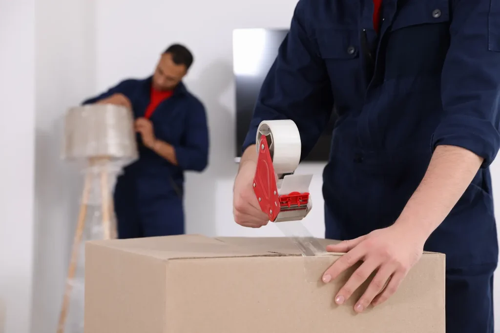 Professional mover sealing a cardboard box with packing tape